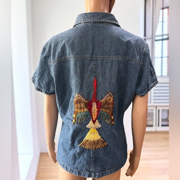 Hand Crafted Tops - Hand embroidered Peyote bird / Navajo reworked GAP Denim Shirt-L